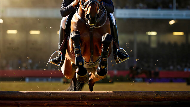 Front view of a show jumping horse clearing a wooden obstacle in an arena. Professional equestrian sport competition action with low angle details of hooves and tack