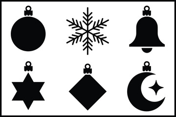Christmas holiday decorative ornament icons, snowflake, bell, star isolated on white background, Vector