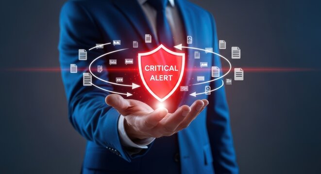 Businessman displays digital shield graphic illustrating critical alerts and data protection for cybersecurity and network security - Powered by Adobe
