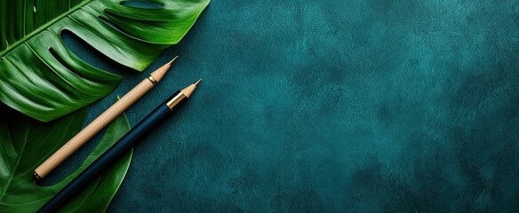 Green Leaf Background with Pens on Teal Surface for Design Projects