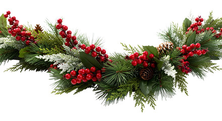 Festive christmas garland isolated on transparent background, featuring lush green foliage, vibrant red berries, and rustic pine cones, creating a warm and inviting holiday atmosphere