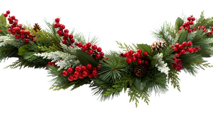 Festive christmas garland isolated on transparent background, featuring lush green foliage, vibrant red berries, and rustic pine cones, creating a warm and inviting holiday atmosphere