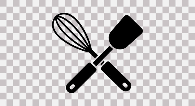 Black silhouette of a whisk and spatula crossed on a transparent background