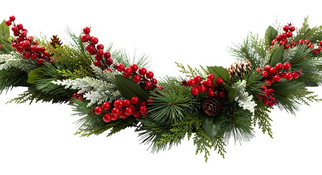 Festive christmas garland isolated on transparent background, featuring lush green foliage, vibrant red berries, and rustic pine cones, creating a warm and inviting holiday atmosphere - Powered by Adobe