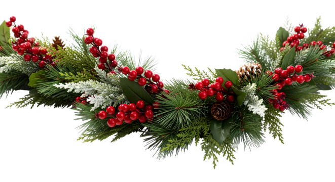 Festive christmas garland isolated on transparent background, featuring lush green foliage, vibrant red berries, and rustic pine cones, creating a warm and inviting holiday atmosphere