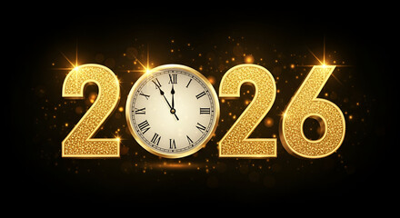 New year 2026 golden clock countdown and sparkling glitter on a dark background festive celebration banner