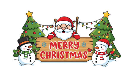 Happy santa claus and snowman holding a wooden merry christmas sign holiday greeting banner