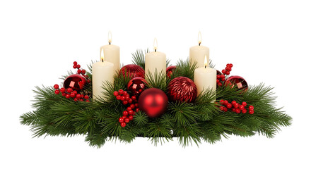 Festive christmas advent wreath with four lit candles and red ornaments isolated on transparent background