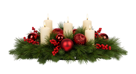 Festive christmas advent wreath with four lit candles and red ornaments isolated on transparent background