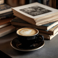 A cappuccino on the modern table near the books.