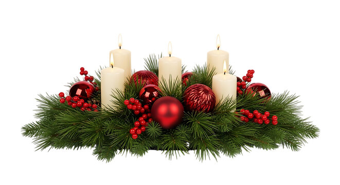 Festive christmas advent wreath with four lit candles and red ornaments isolated on transparent background