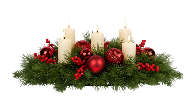 Festive christmas advent wreath with four lit candles and red ornaments isolated on transparent background