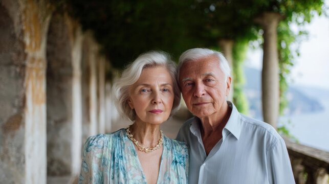 Portrait of an elderly couple standing on a balcony overlooking the ocean. the couple is standing close together, with the man on the right side and the woman on the left side. - Powered by Adobe