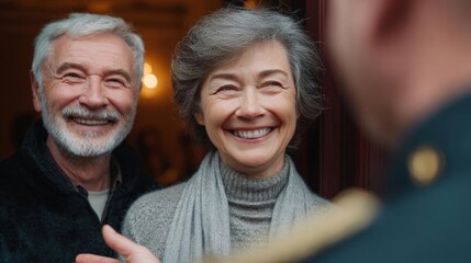 Elderly couple, a man and a woman, standing close together and smiling at each other.