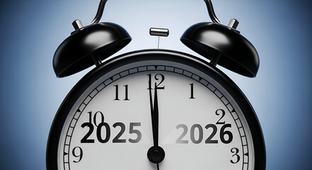 Vintage black alarm clock showing midnight on new year 2026 countdown celebration and time