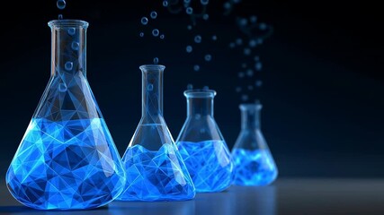 Glowing blue liquid in geometric science beakers on dark background - Powered by Adobe