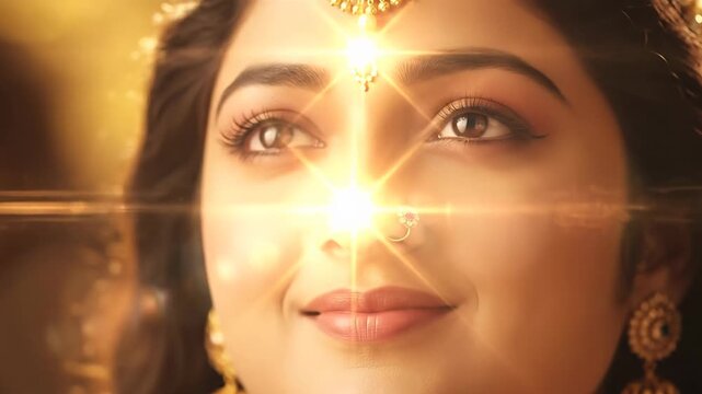 Close up of divine goddess parvati golden spiritual light from her third eye symbolizing enlightenment wisdom and peace