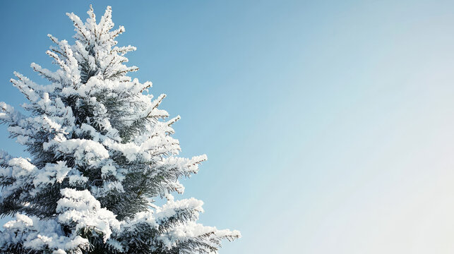 Snow-covered evergreen branches against a clear pale blue winter sky creating a serene and crisp scene.