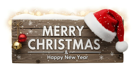Merry christmas and happy new year text on a snowy wooden sign board with copy space holiday greeting