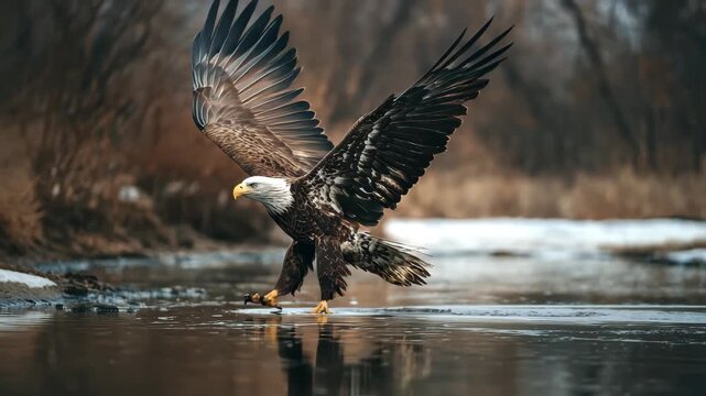 Bald eagle catching fish in a river during winter