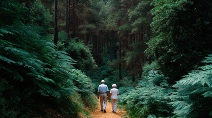 Obraz premium Elderly couple walking on a dirt path in a forest. the path is surrounded by tall trees and ferns on both sides, creating a dense canopy of greenery.