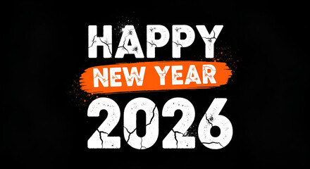 Happy new year 2026 black and white banner with bright yellow brush stroke text graphic design