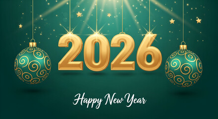 Golden 2026 new year text hanging from strings with stars against a green bokeh background