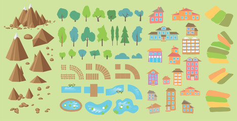 Obraz premium Set of isolated icons for landscape design. Mountain, tree, path, pond, house. Funny cartoon style. Top view. View from above. Vector illustration. Aerial