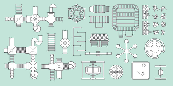 Top view. A set of elements for a children's outdoor playground, slides, stairs, houses, swings, sandboxes, mazes, children, parents sitting on a bench. Vector illustration. View from above. Liner.