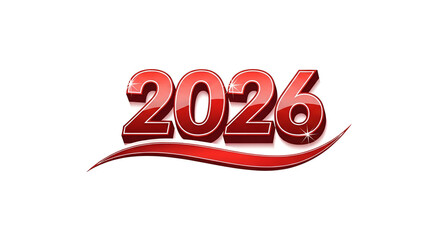 Three dimensional red 2026 new year text on a flowing ribbon banner isolated on a white background