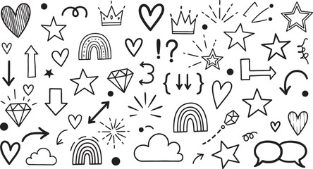 Collection of Hand Drawn Doodle Elements Seamless Pattern on White Background