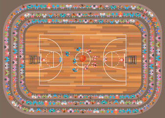 Naklejka premium Top view of basketball play, match. Basketball court, playground. Spectators in the stands are watching a match. View from above. Vector illustration. Aerial.