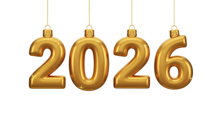 Set of golden 2026 new year numbers hanging as ornaments isolated on a white background holiday decoration