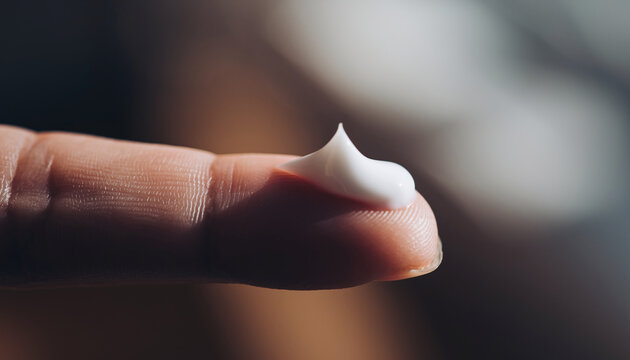 Close up of fingertip holding small amount of sensitive skin soothing cream, soft texture, gentle care, moisturizing, healthy skin, natural light, calm mood