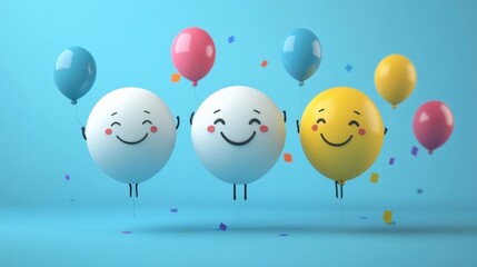 Colorful Happy Balloons with Smiling Faces on Blue Background