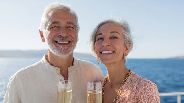 Elderly couple standing on a balcony overlooking the ocean. they are both holding glasses of champagne and are smiling at the camera.