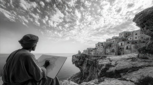 Black and white photograph of a man sitting on a cliff overlooking the ocean. he is wearing a turban on his head and is holding a sketchbook in his hands.