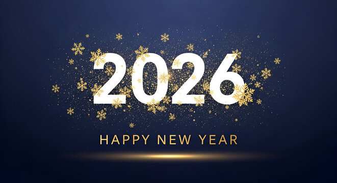 Golden 2026 happy new year text with sparkling snowflakes on a dark blue bokeh background holiday greeting