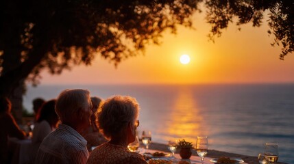 Couple sitting at a table with a beautiful view of the ocean at sunset. the couple is facing each other and appear to be enjoying a meal together.