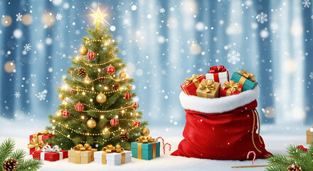Decorated christmas tree and red santa sack overflowing with gifts in a snowy winter scene holiday background