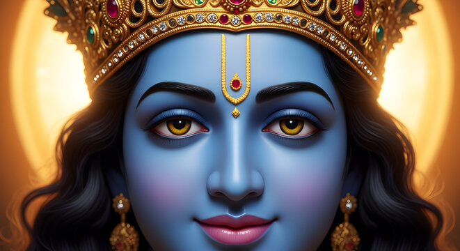 Lord vishnu divine blue hued portrait with crown and halo majestic hindu vishnu icon for festivals and worship
