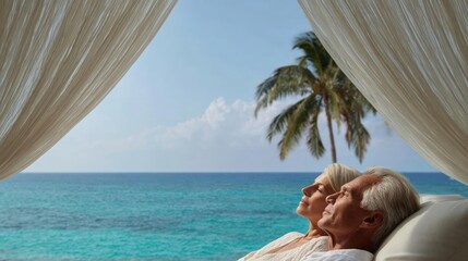 Elderly couple lying on a white lounge chair on a tropical beach. they are facing the ocean and looking out towards the horizon.