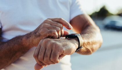 Older man using wearable tech smartwatch outdoors, close up of hands interacting with modern device, casual lifestyle, sunlight, technology, healthy active living, relaxed mood