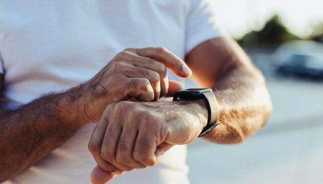 Older man using wearable tech smartwatch outdoors, close up of hands interacting with modern device, casual lifestyle, sunlight, technology, healthy active living, relaxed mood