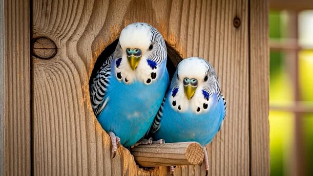 Two vibrant blue budgerigars happily perched inside a cozy wooden birdhouse