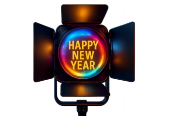 Glowing stage spotlight with barn doors displaying happy new year text for holiday events and celebrations isolated on transparent background
