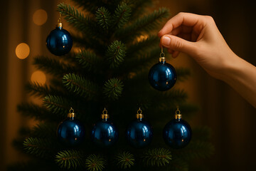 hand hanging blue round christmas bauble on green pine tree branch during holiday decoration process
