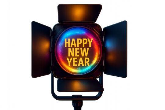 Glowing stage spotlight with barn doors displaying happy new year text for holiday events and celebrations isolated on transparent background - Powered by Adobe