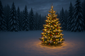  illuminated christmas tree with golden lights standing in snowy winter forest landscape at night