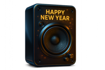 black and gold audio speaker box with happy new year text for musical party celebration and events